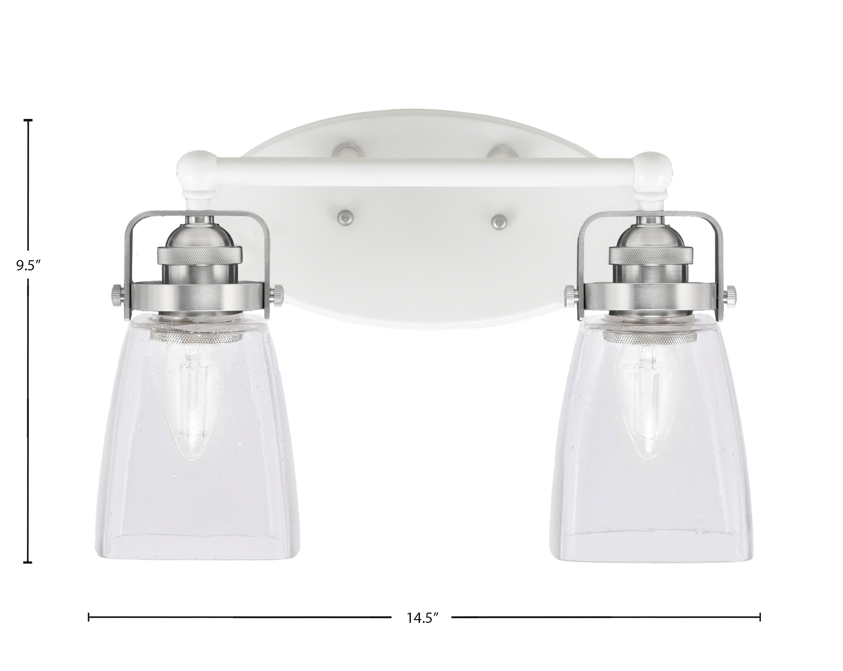 Easton Two Light Bath Bar in White & Brushed Nickel with 4.5" Square Clear Bubble Shade