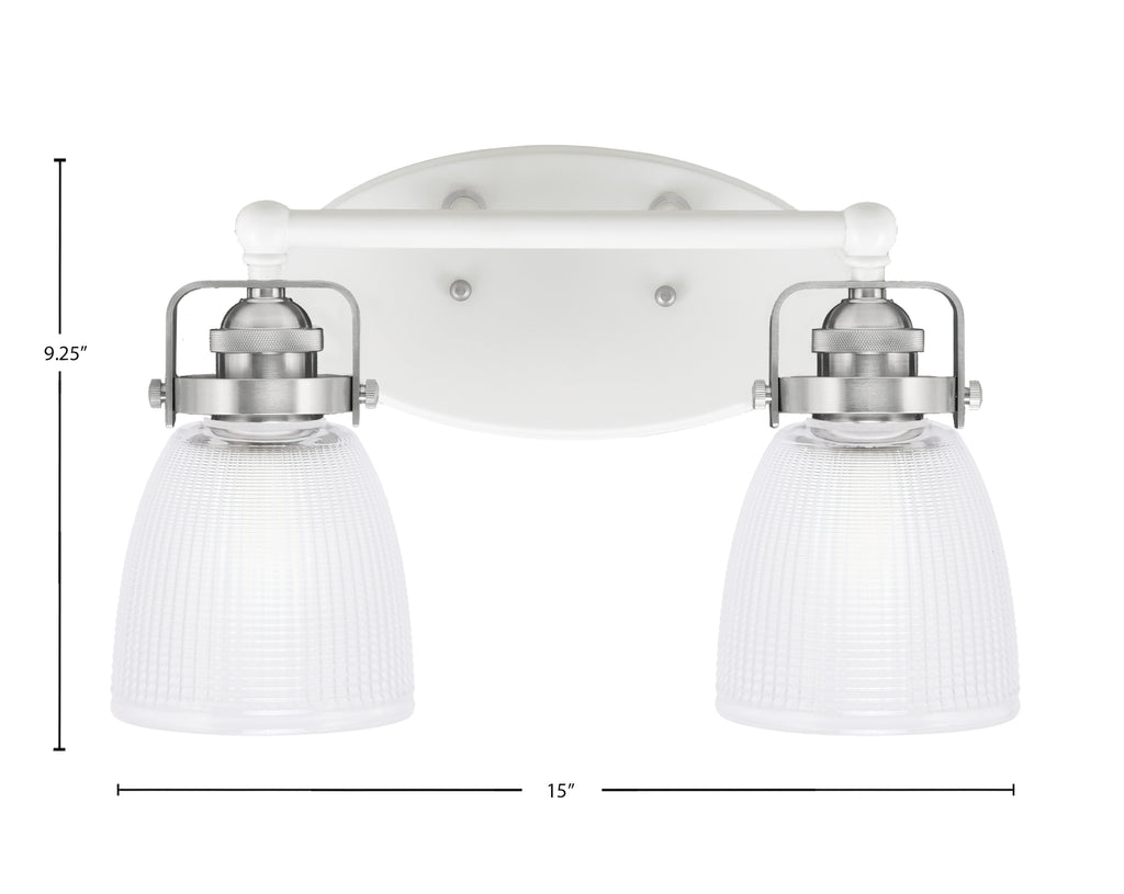 Easton Two Light Bath Bar in White & Brushed Nickel with 5" Clear Ribbed Shade
