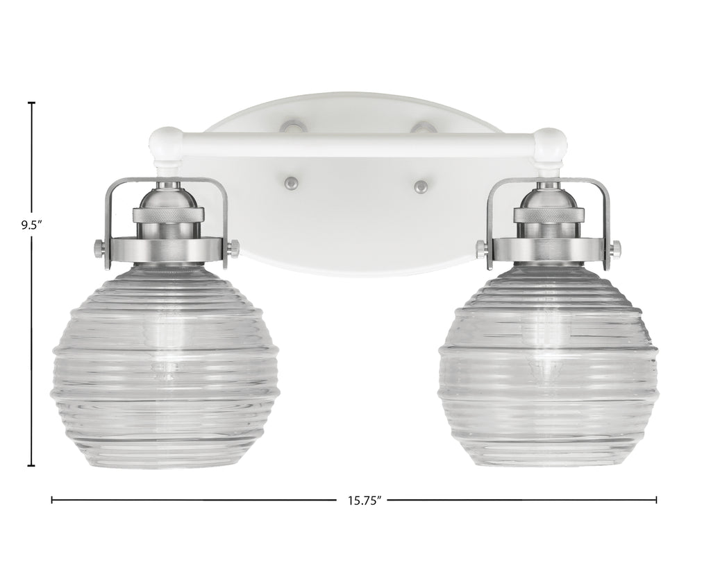 Easton Two Light Bath Bar in White & Brushed Nickel with 6" Clear Ribbed Shade