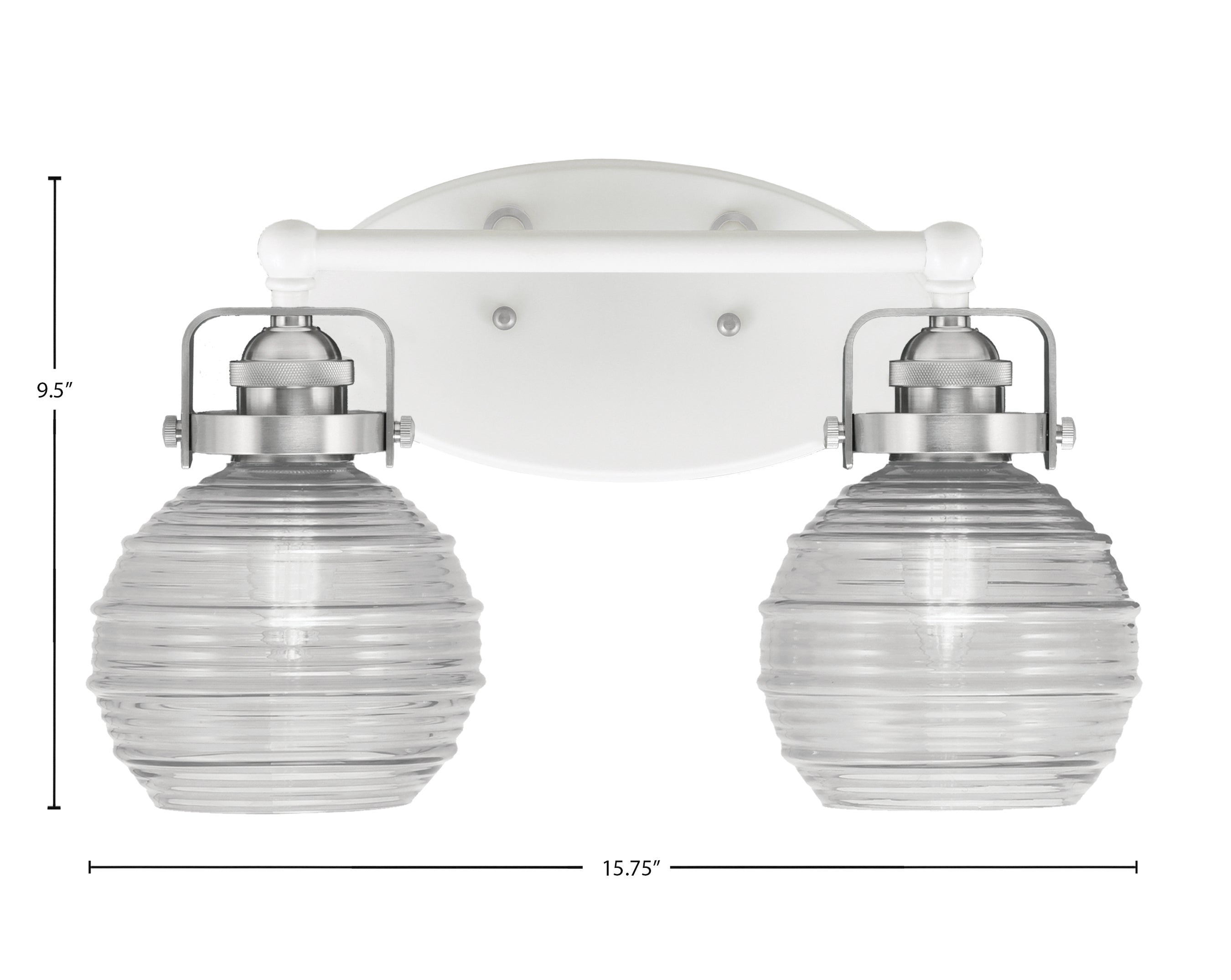 Easton Two Light Bath Bar in White & Brushed Nickel with 6" Clear Ribbed Shade