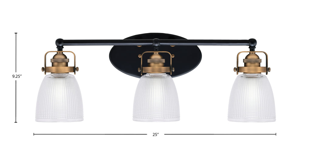 Easton Three Light Bath Bar in Matte Black & Brass with 5" Clear Ribbed Shade