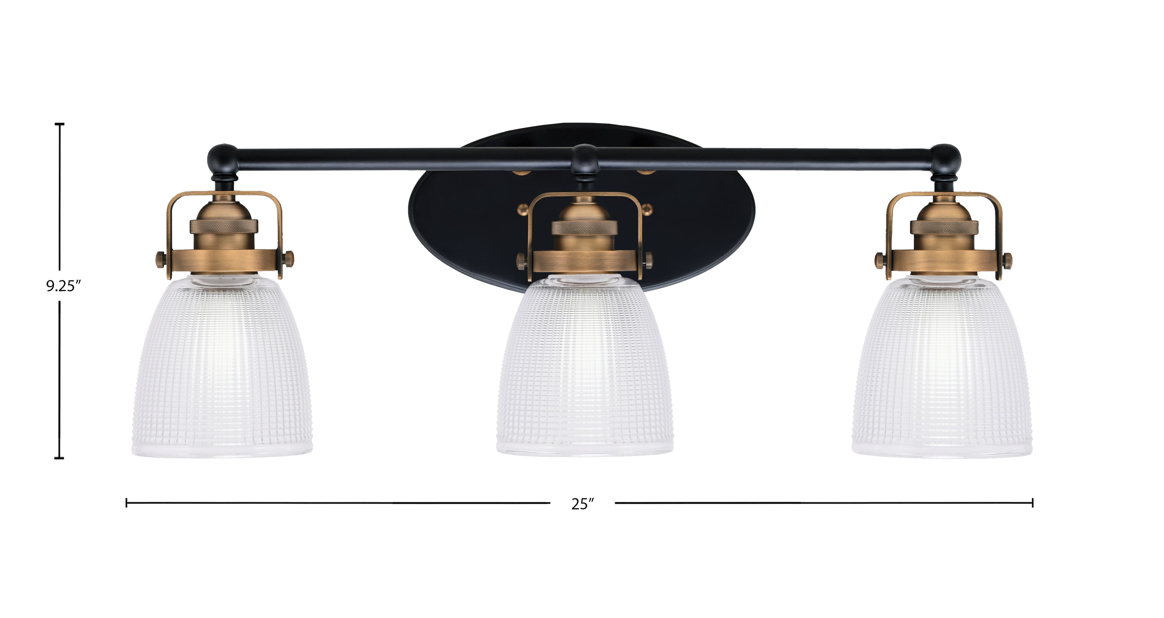 Easton Three Light Bath Bar in Matte Black & Brass with 5" Clear Ribbed Shade