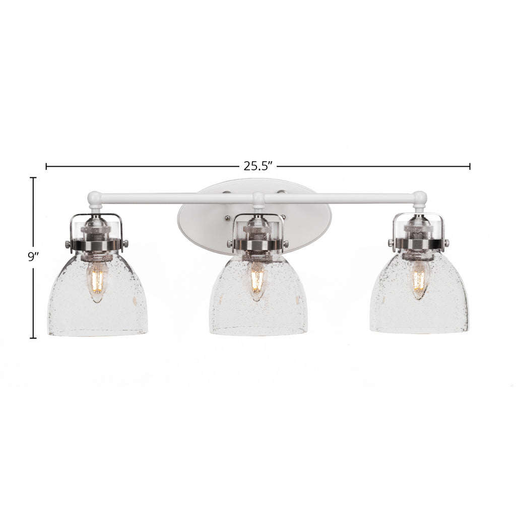 Easton Three Light Bath Bar in White & Brushed Nickel with 6" Clear Bubble Shade