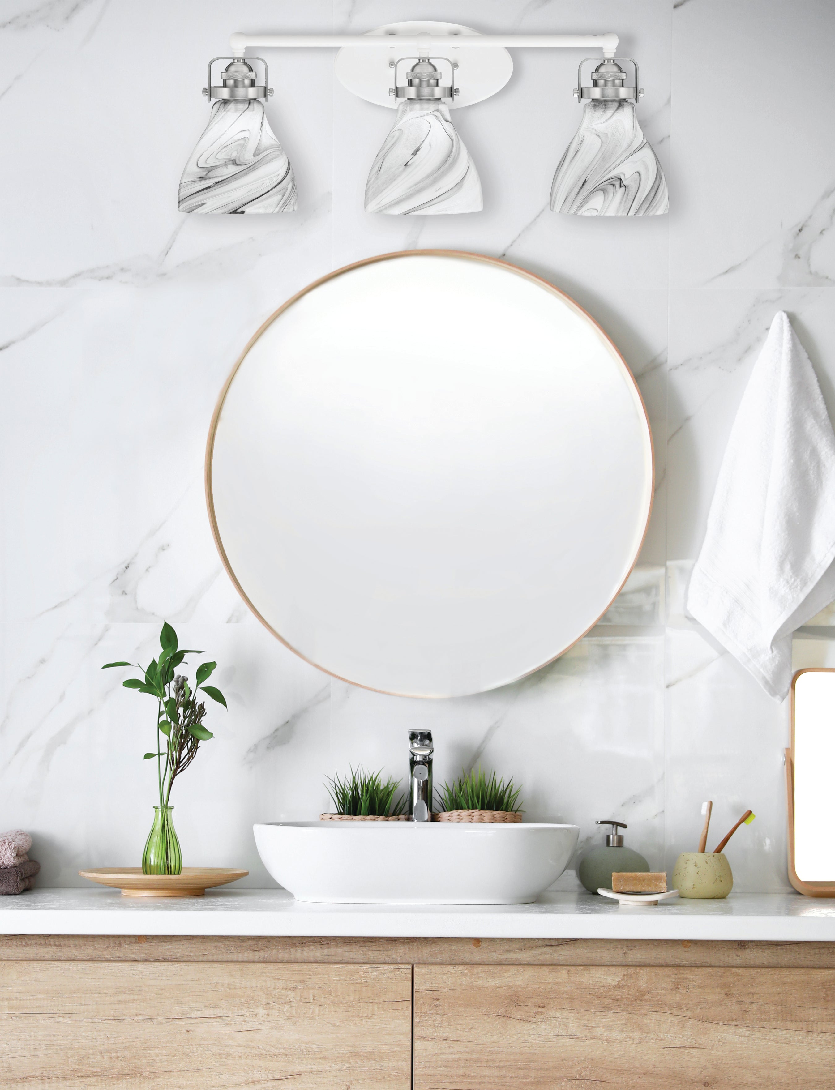 Easton Three Light Bath Bar in White & Brushed Nickel with 6.25" Onyx Swirl Shade