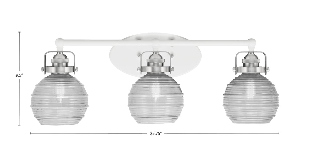 Easton Three Light Bath Bar in White & Brushed Nickel with 6" Clear Ribbed Shade