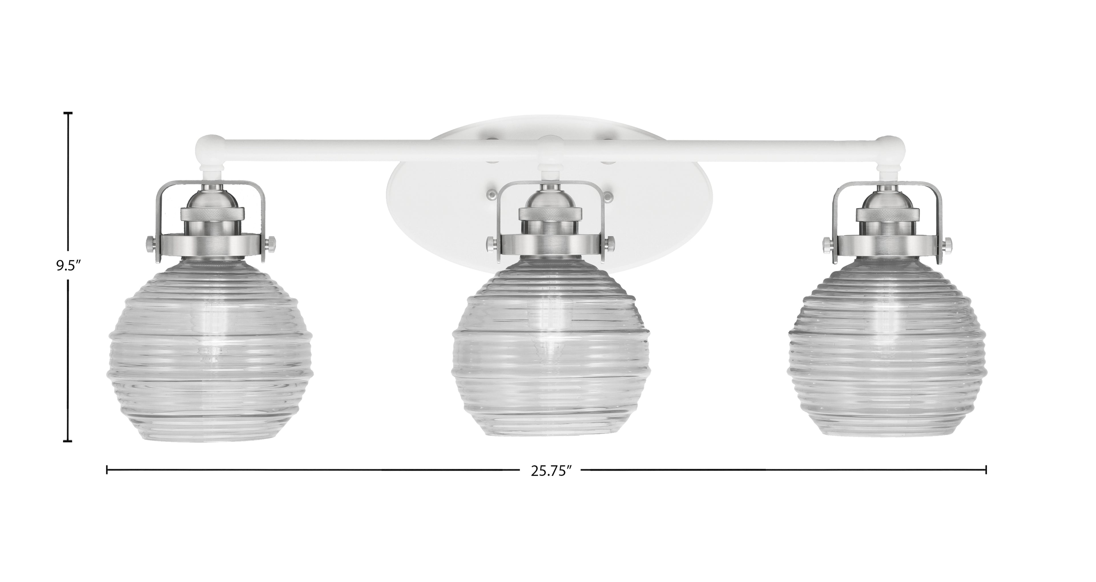 Easton Three Light Bath Bar in White & Brushed Nickel with 6" Clear Ribbed Shade