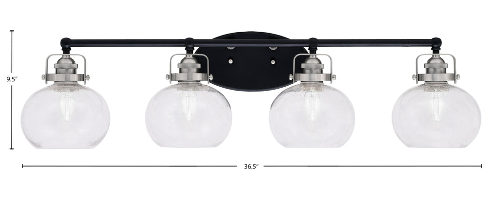 Easton Four Light Bath Bar in Matte Black & Brushed Nickel with 7" Clear Bubble Shade