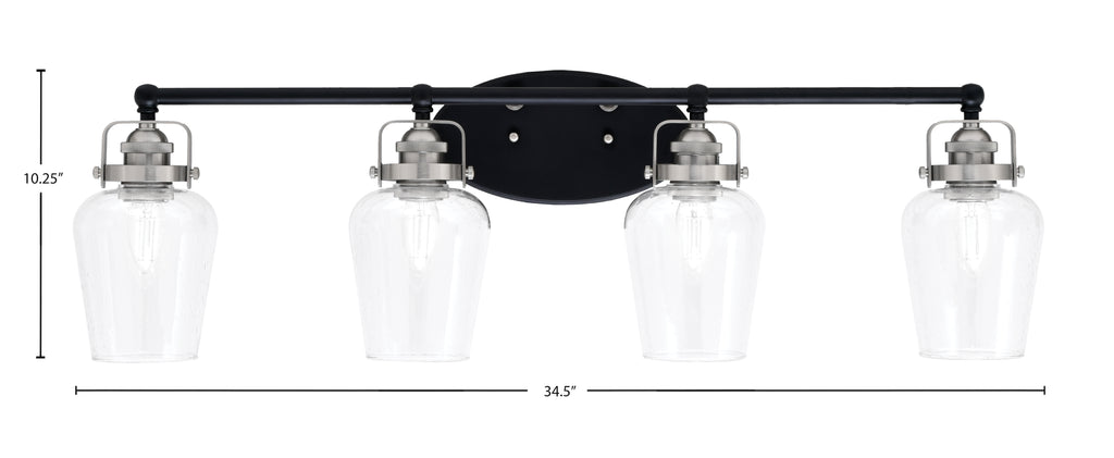 Easton Four Light Bath Bar in Matte Black & Brushed Nickel with 5" Clear Bubble Shade