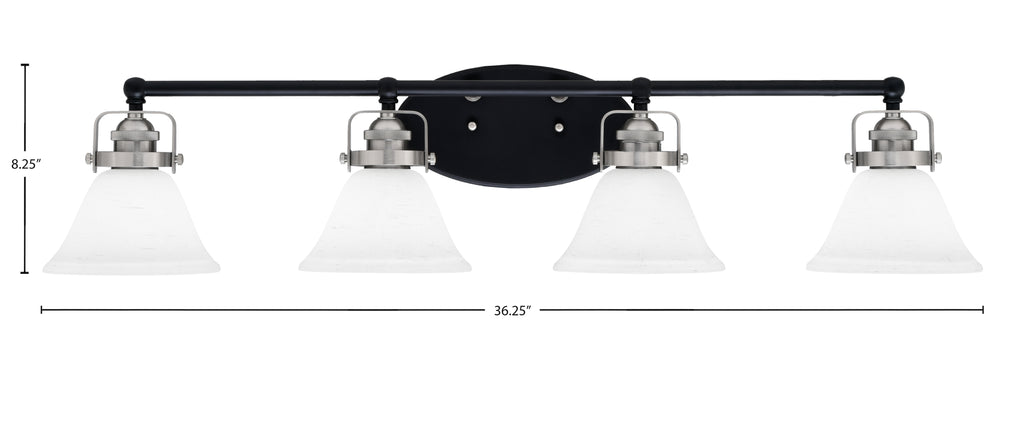 Easton Four Light Bath Bar in Matte Black & Brushed Nickel with 7" White Muslin Shade