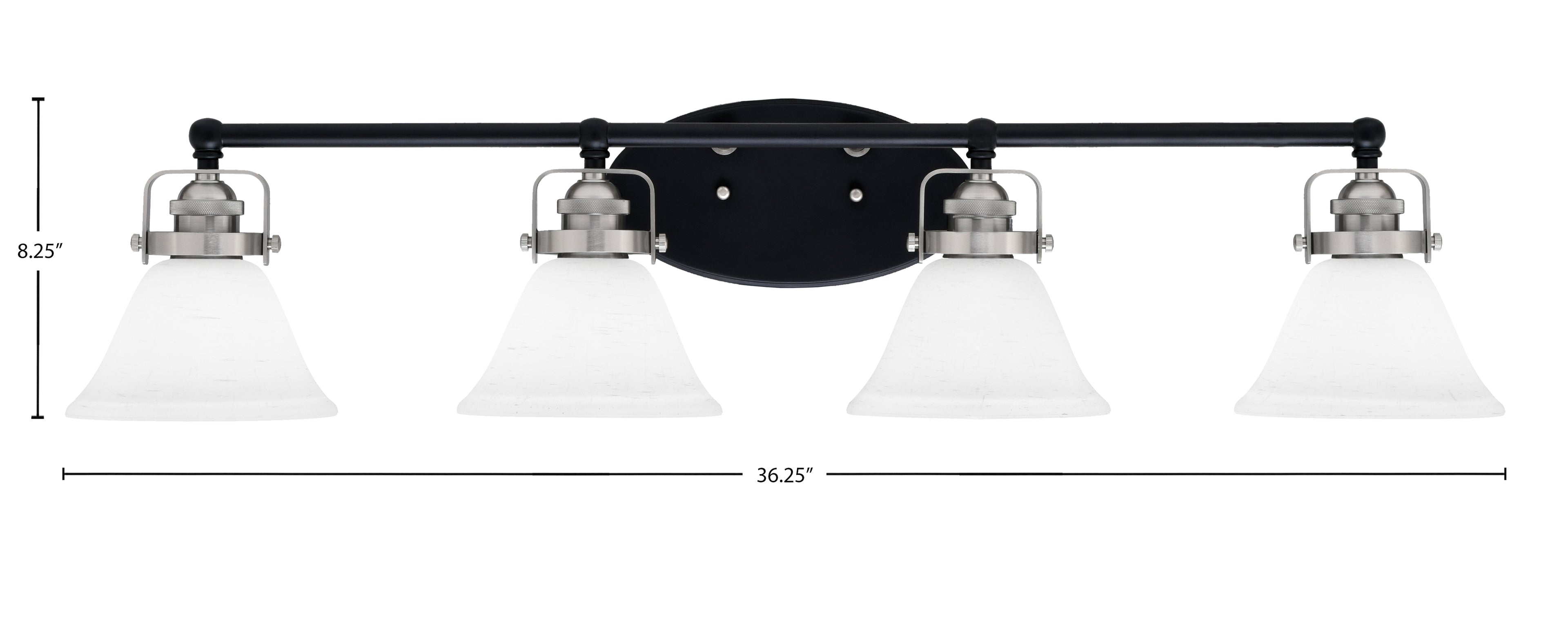 Easton Four Light Bath Bar in Matte Black & Brushed Nickel with 7" White Muslin Shade