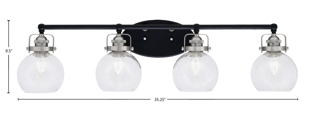 Easton Four Light Bath Bar in Matte Black & Brushed Nickel with 5.75" Clear Bubble Shade