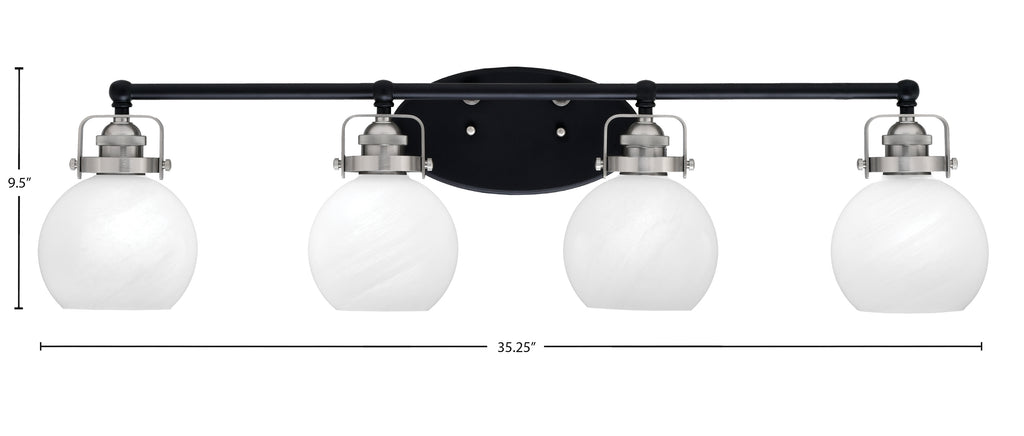 Easton Four Light Bath Bar in Matte Black & Brushed Nickel with 5.75" White Marble Shade