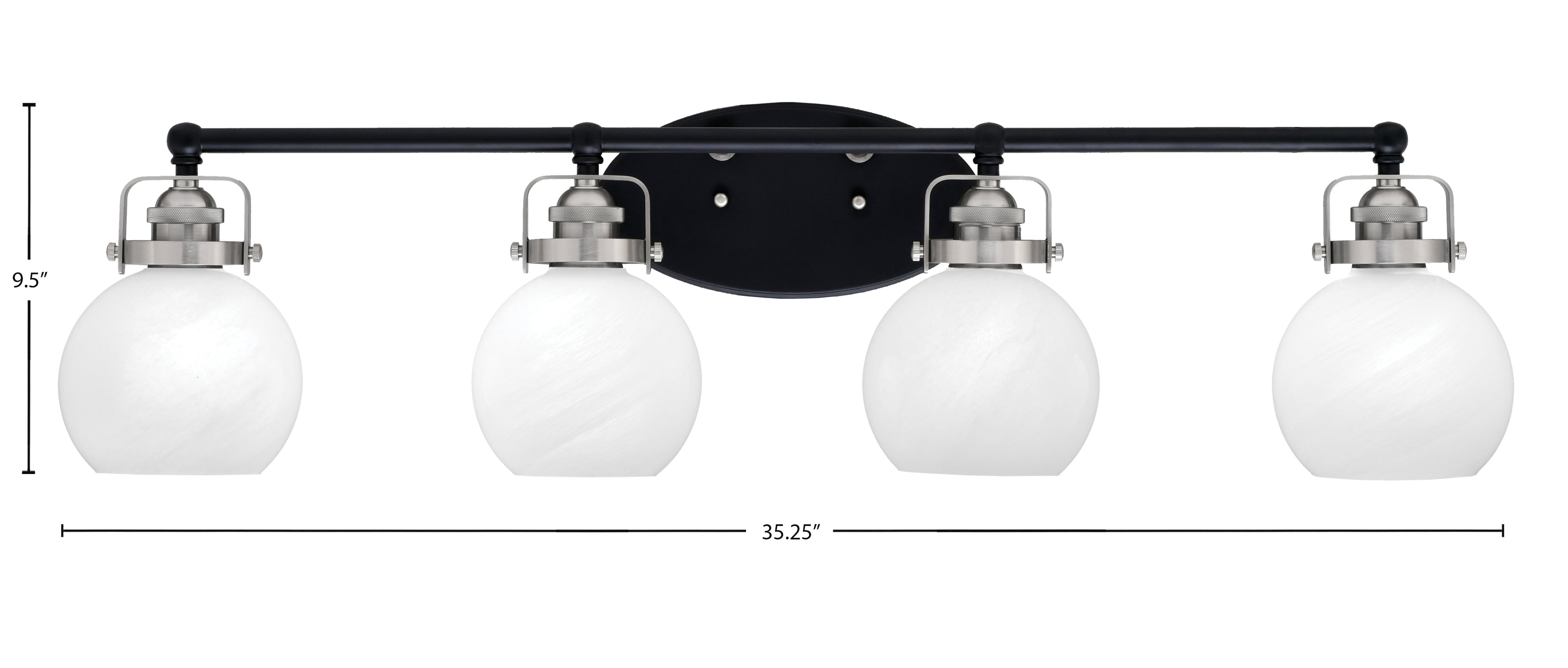 Easton Four Light Bath Bar in Matte Black & Brushed Nickel with 5.75" White Marble Shade