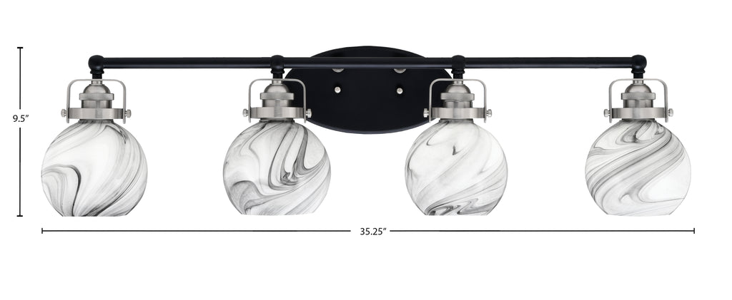 Easton Four Light Bath Bar in Matte Black & Brushed Nickel with 5.75" Onyx Swirl Shade