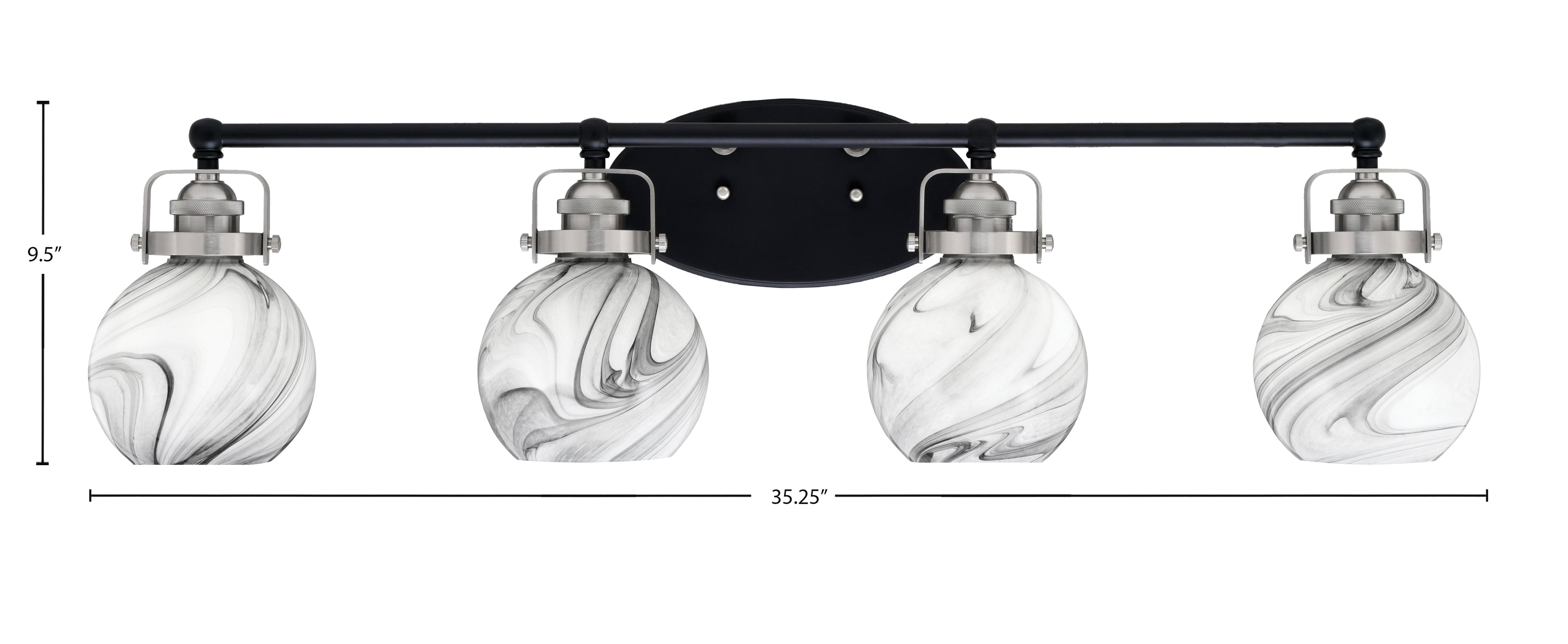 Easton Four Light Bath Bar in Matte Black & Brushed Nickel with 5.75" Onyx Swirl Shade