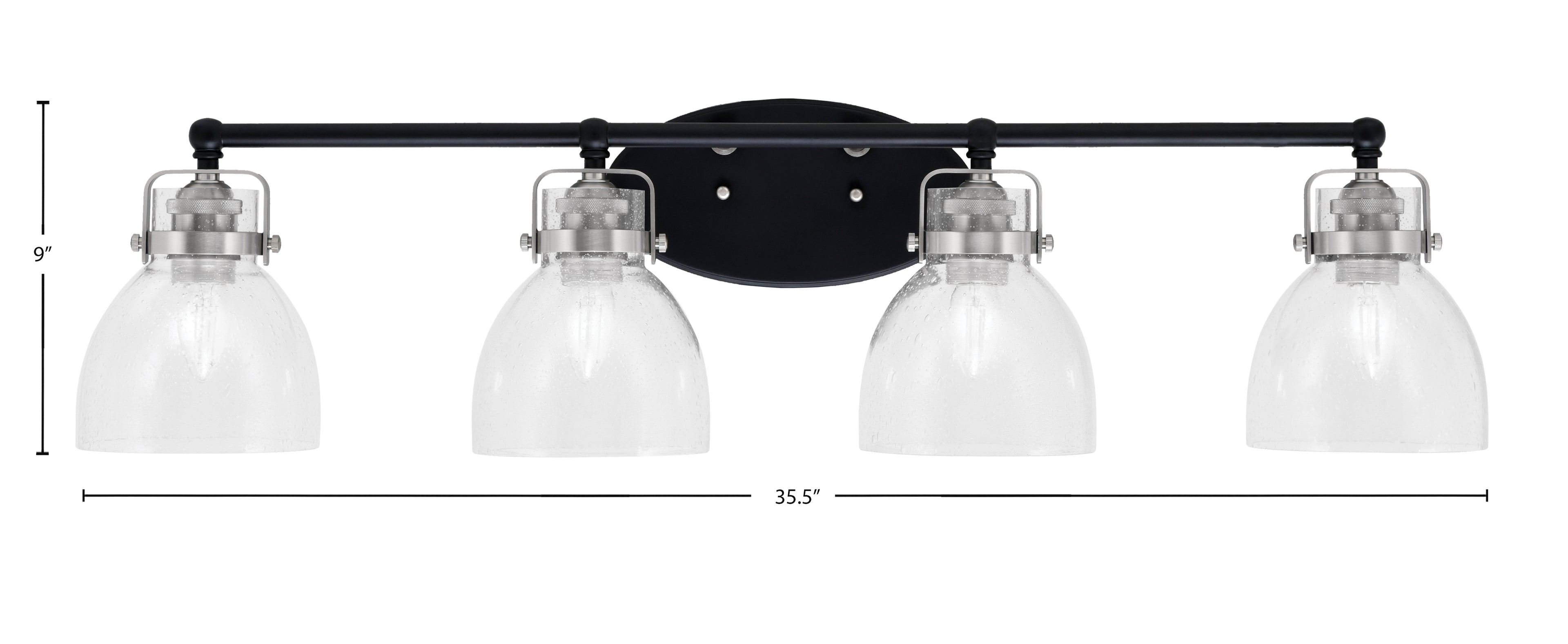 Easton Four Light Bath Bar in Matte Black & Brushed Nickel with 6" Clear Bubble Shade