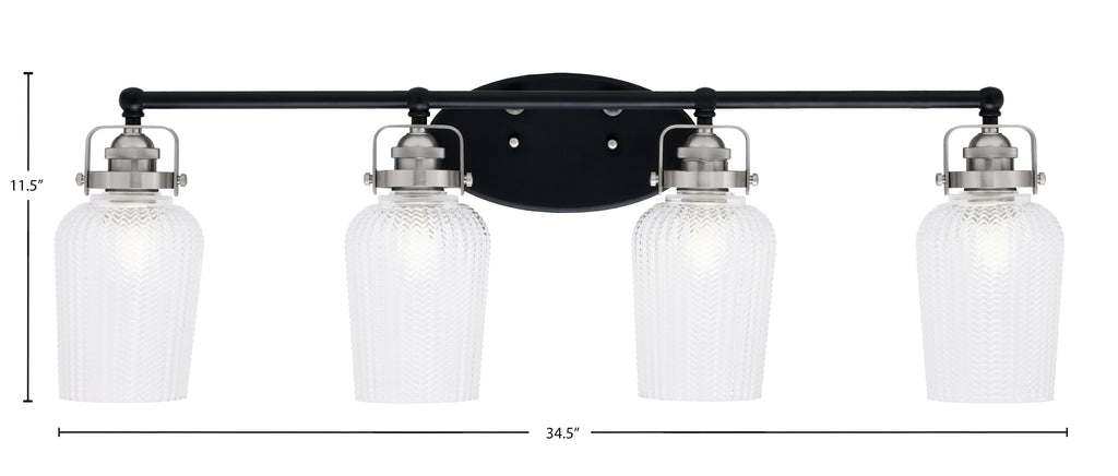 Easton Four Light Bath Bar in Matte Black & Brushed Nickel with 5" Clear Textured Shade