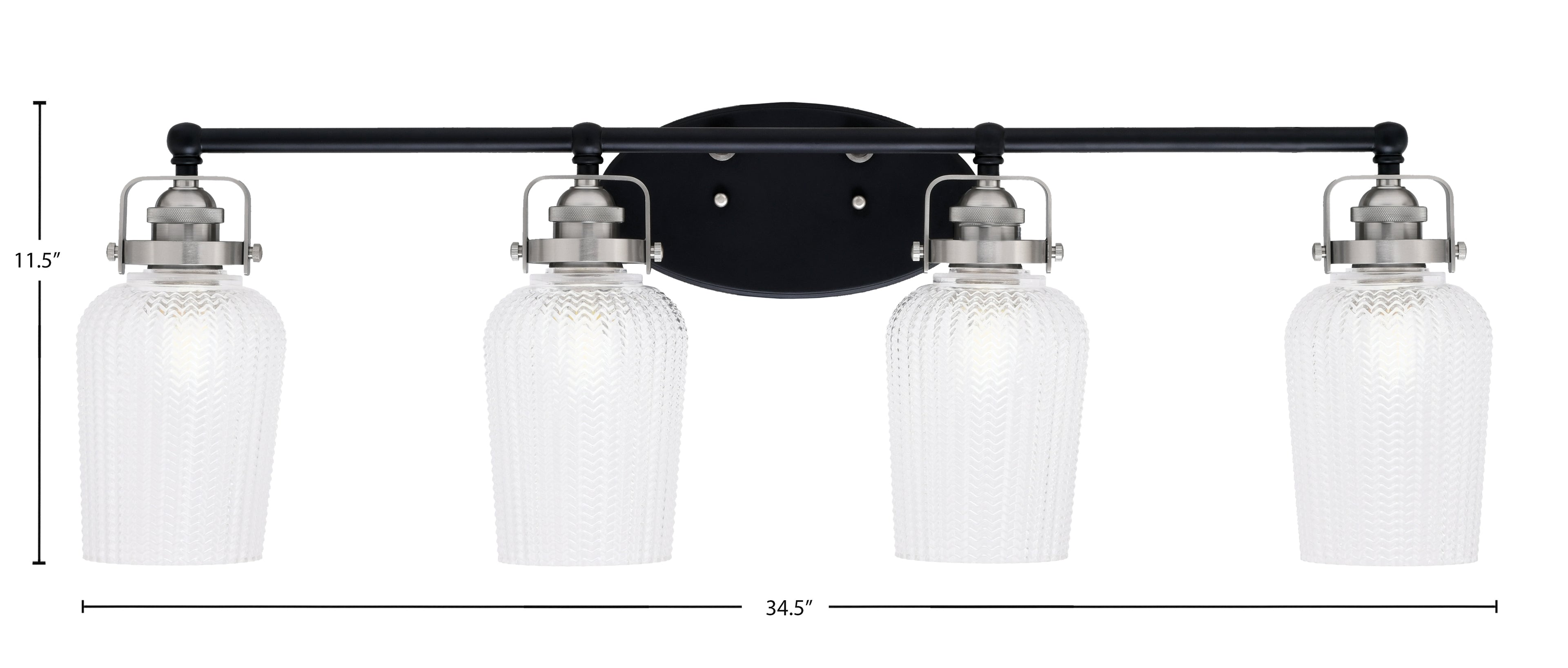 Easton Four Light Bath Bar in Matte Black & Brushed Nickel with 5" Clear Textured Shade