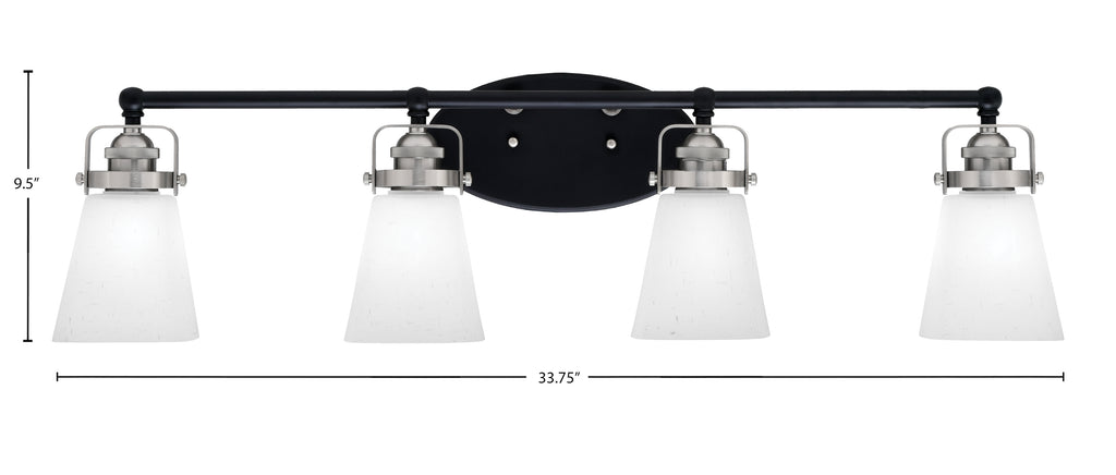 Easton Four Light Bath Bar in Matte Black & Brushed Nickel with 4.5" Square White Muslin Shade