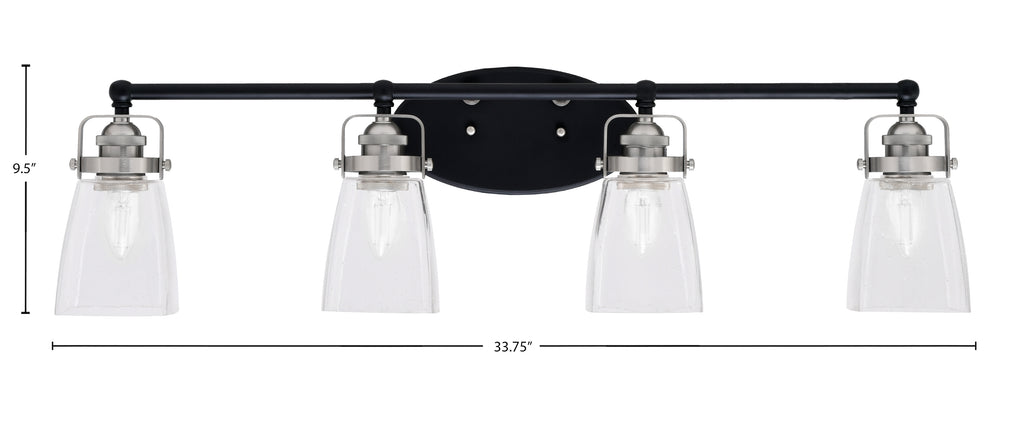 Easton Four Light Bath Bar in Matte Black & Brushed Nickel with 4.5" Square Clear Bubble Shade