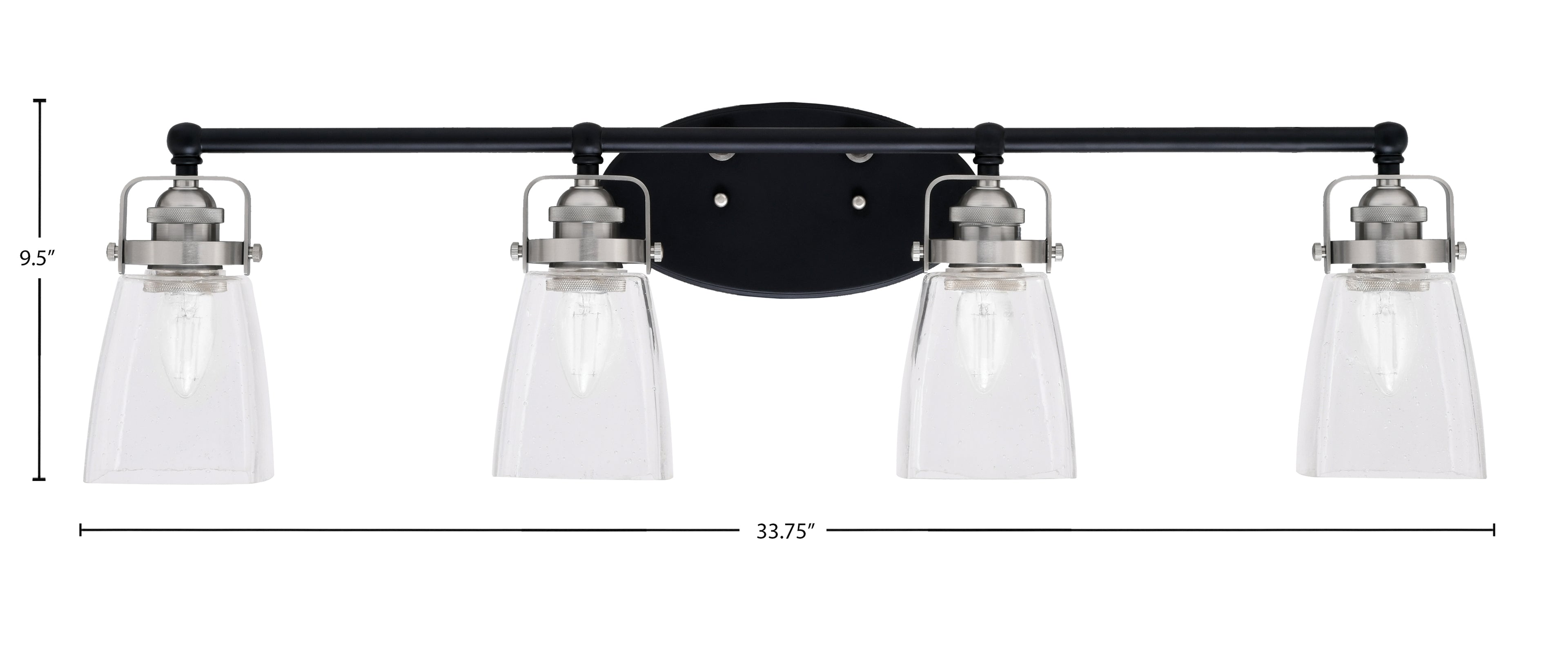 Easton Four Light Bath Bar in Matte Black & Brushed Nickel with 4.5" Square Clear Bubble Shade