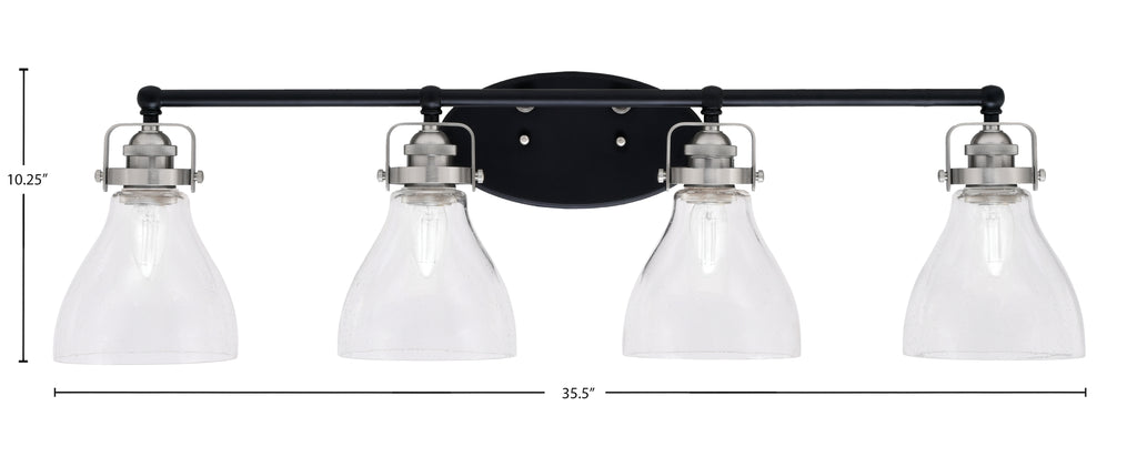 Easton Four Light Bath Bar in Matte Black & Brushed Nickel with 6.25" Clear Bubble Shade