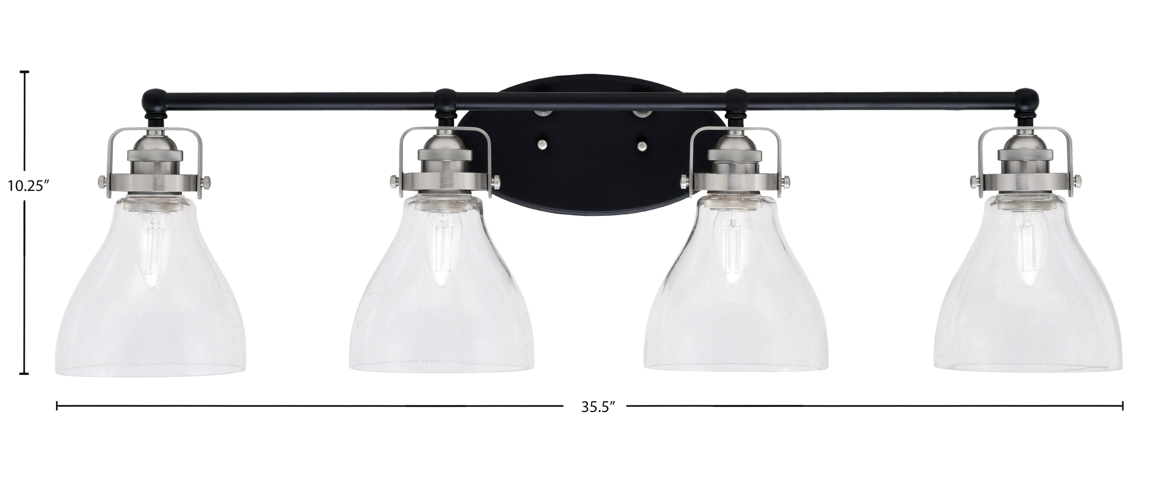 Easton Four Light Bath Bar in Matte Black & Brushed Nickel with 6.25" Clear Bubble Shade