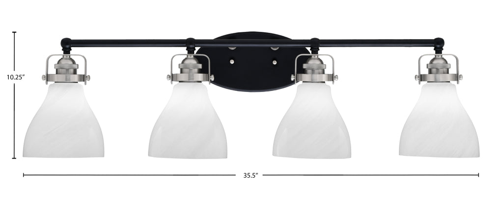 Easton Four Light Bath Bar in Matte Black & Brushed Nickel with 6.25" White Marble Shade