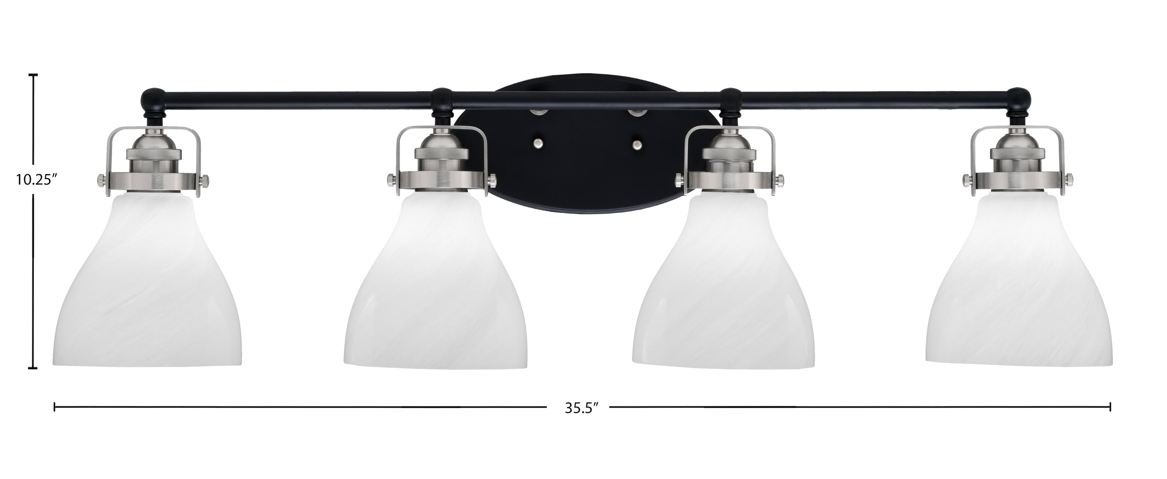 Easton Four Light Bath Bar in Matte Black & Brushed Nickel with 6.25" White Marble Shade