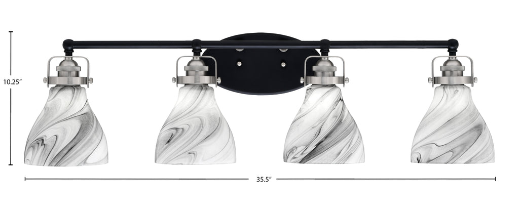 Easton Four Light Bath Bar in Matte Black & Brushed Nickel with 6.25" Onyx Swirl Shade