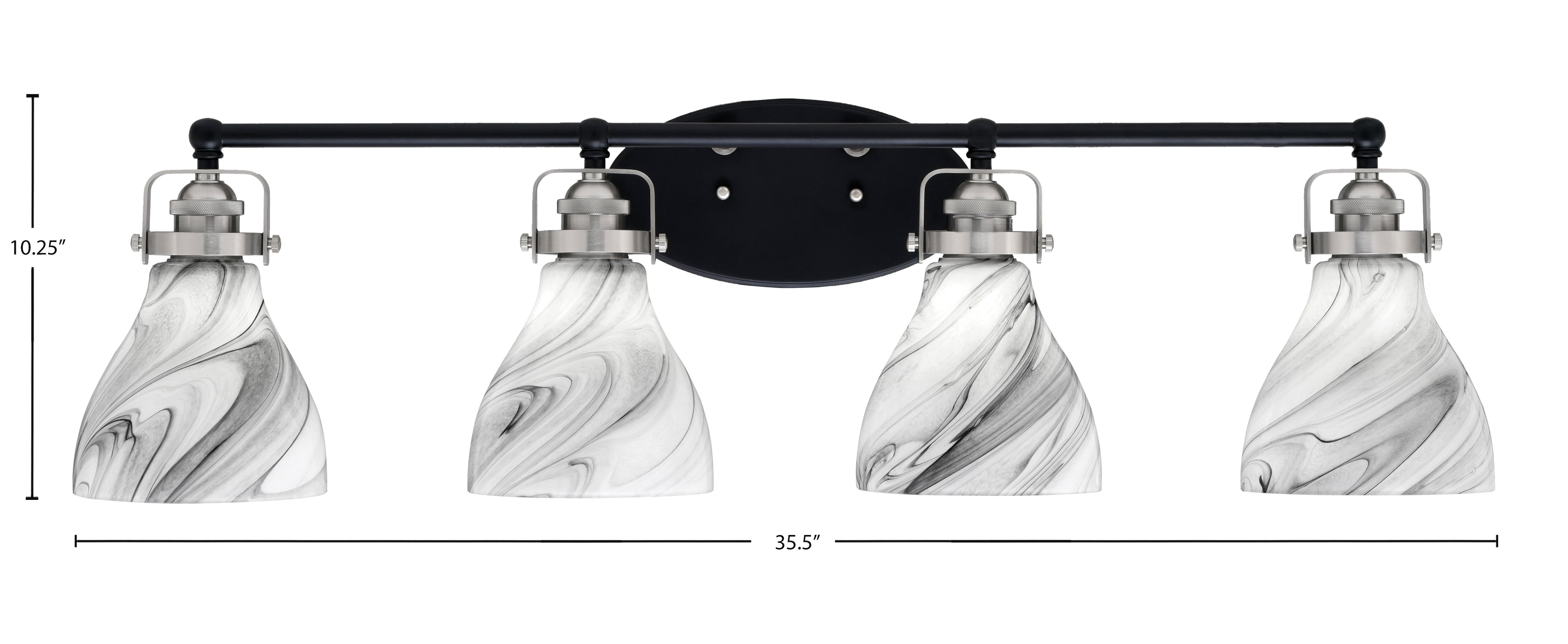 Easton Four Light Bath Bar in Matte Black & Brushed Nickel with 6.25" Onyx Swirl Shade