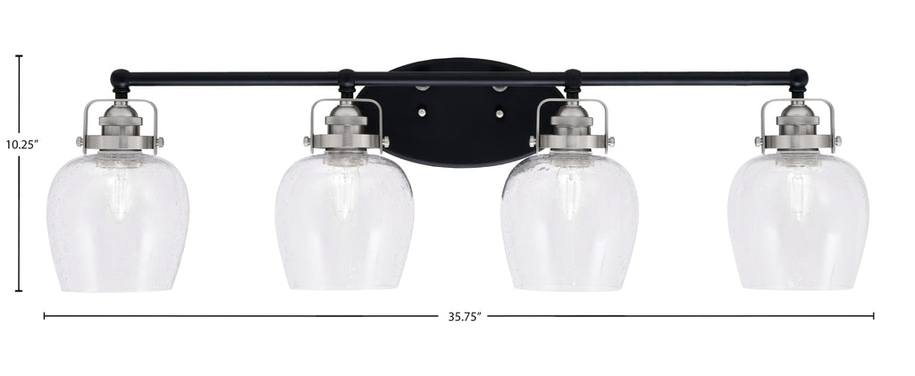 Easton Four Light Bath Bar in Matte Black & Brushed Nickel with 6" Clear Bubble Shade