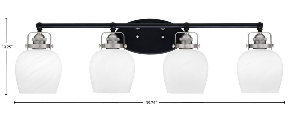 Easton Four Light Bath Bar in Matte Black & Brushed Nickel with 6" White Marble Shade
