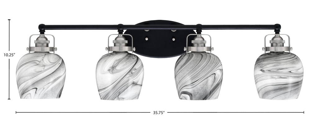 Easton Four Light Bath Bar in Matte Black & Brushed Nickel with 6" Onyx Swirl Shade