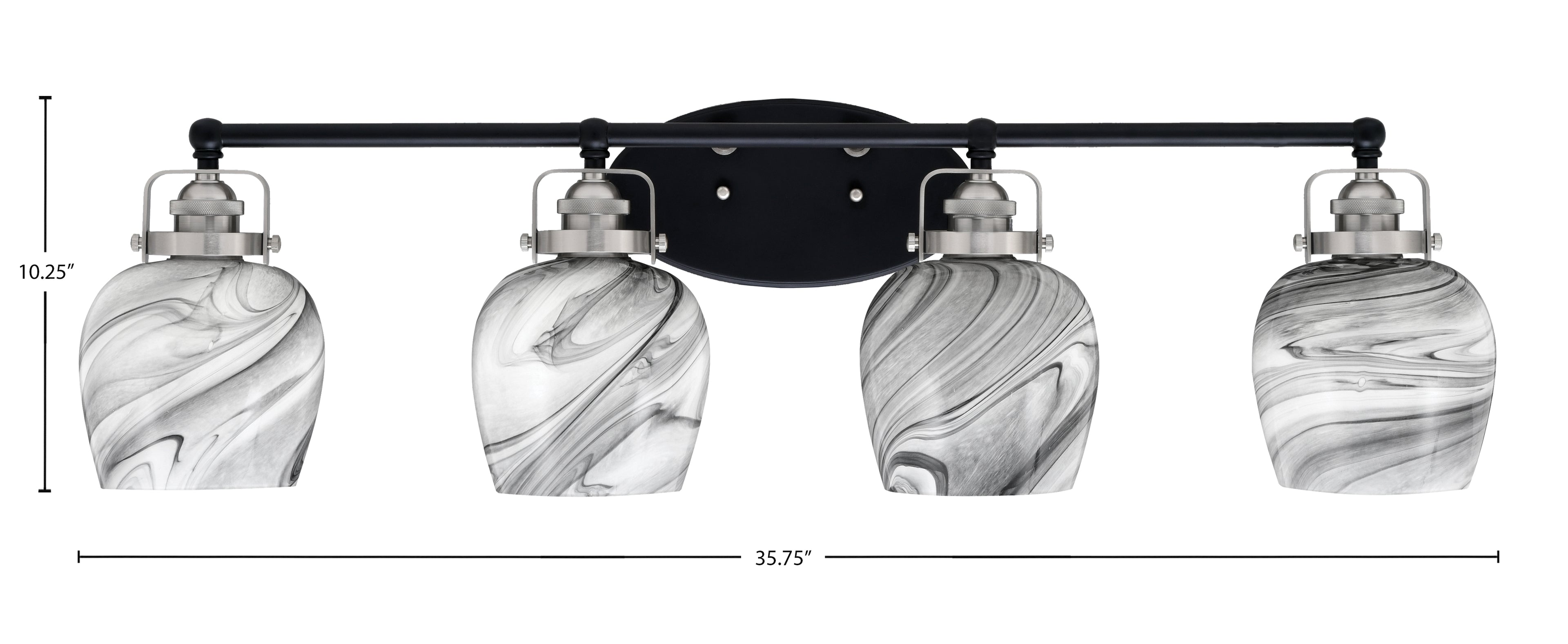Easton Four Light Bath Bar in Matte Black & Brushed Nickel with 6" Onyx Swirl Shade