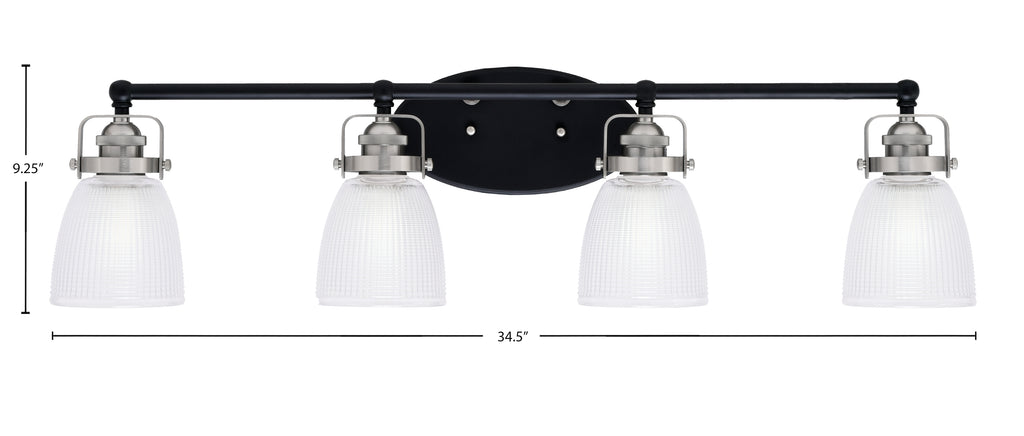 Easton Four Light Bath Bar in Matte Black & Brushed Nickel with 5" Clear Ribbed Shade