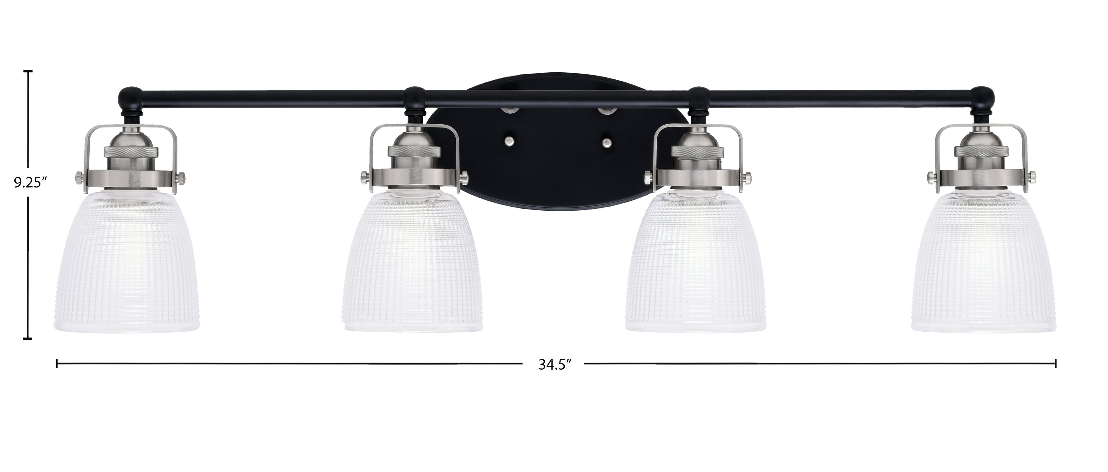 Easton Four Light Bath Bar in Matte Black & Brushed Nickel with 5" Clear Ribbed Shade