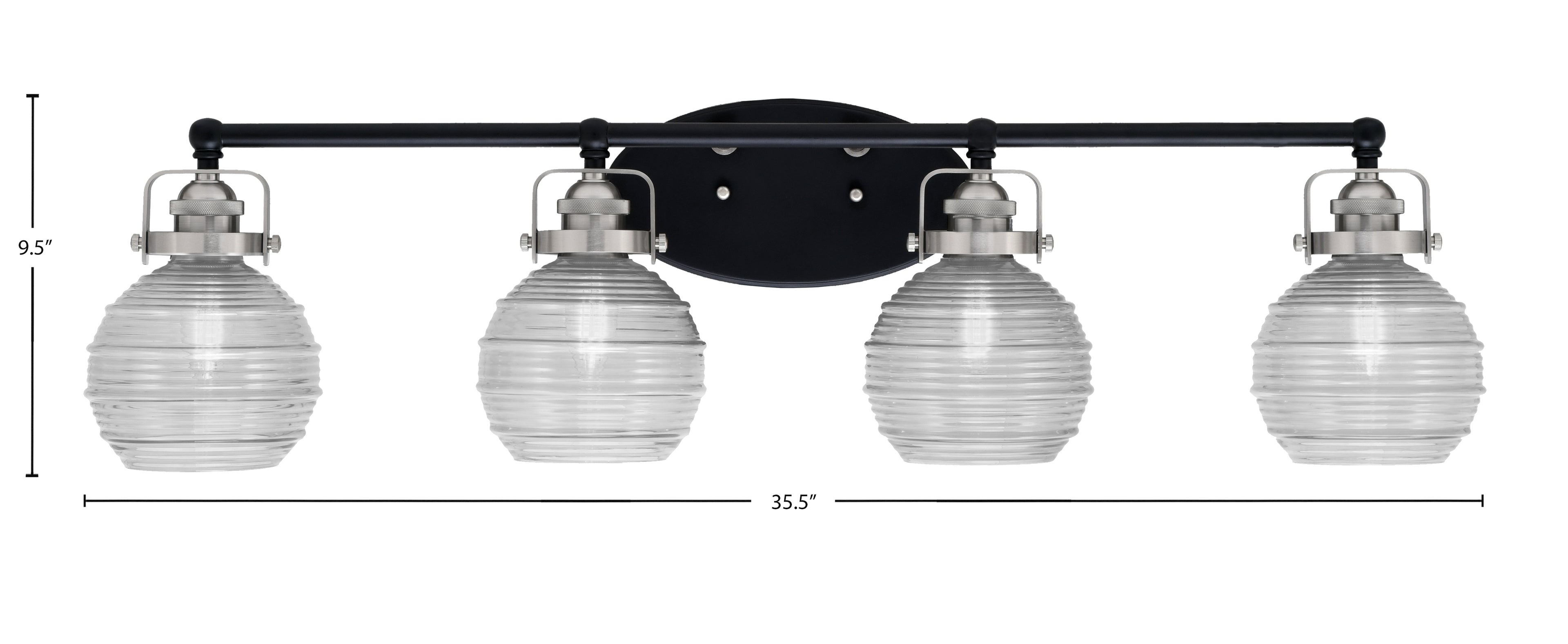 Easton Four Light Bath Bar in Matte Black & Brushed Nickel with 6" Clear Ribbed Shade