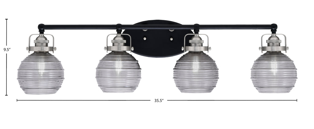 Easton Four Light Bath Bar in Matte Black & Brushed Nickel with 6" Smoke Ribbed Shade