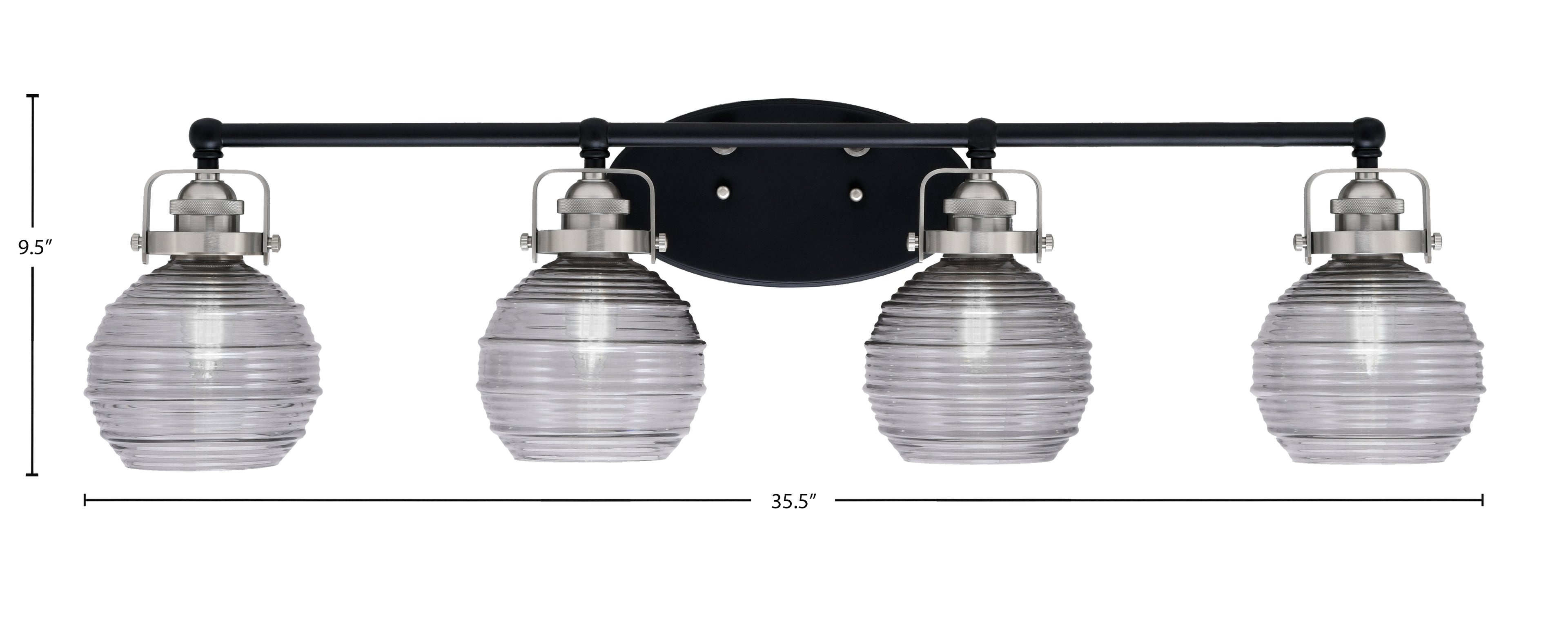 Easton Four Light Bath Bar in Matte Black & Brushed Nickel with 6" Smoke Ribbed Shade