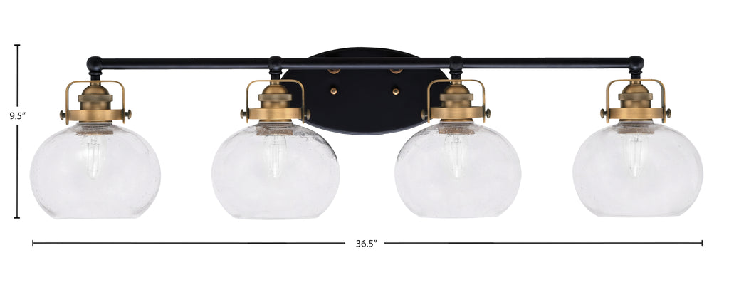 Easton Four Light Bath Bar in Matte Black & Brass with 7" Clear Bubble Shade