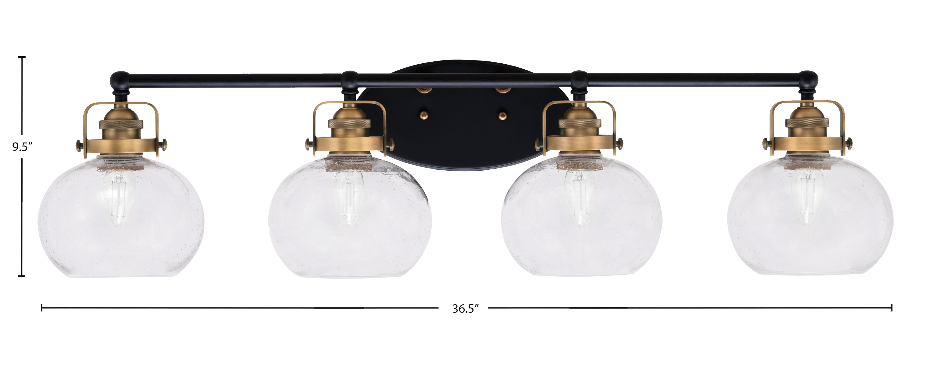 Easton Four Light Bath Bar in Matte Black & Brass with 7" Clear Bubble Shade