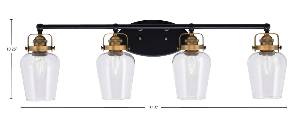 Easton Four Light Bath Bar in Matte Black & Brass with 5" Clear Bubble Shade