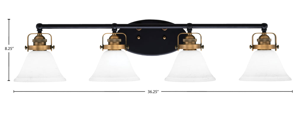 Easton Four Light Bath Bar in Matte Black & Brass with 7" White Muslin Shade
