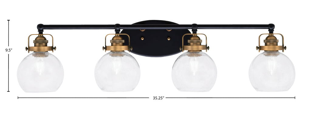 Easton Four Light Bath Bar in Matte Black & Brass with 5.75" Clear Bubble Shade