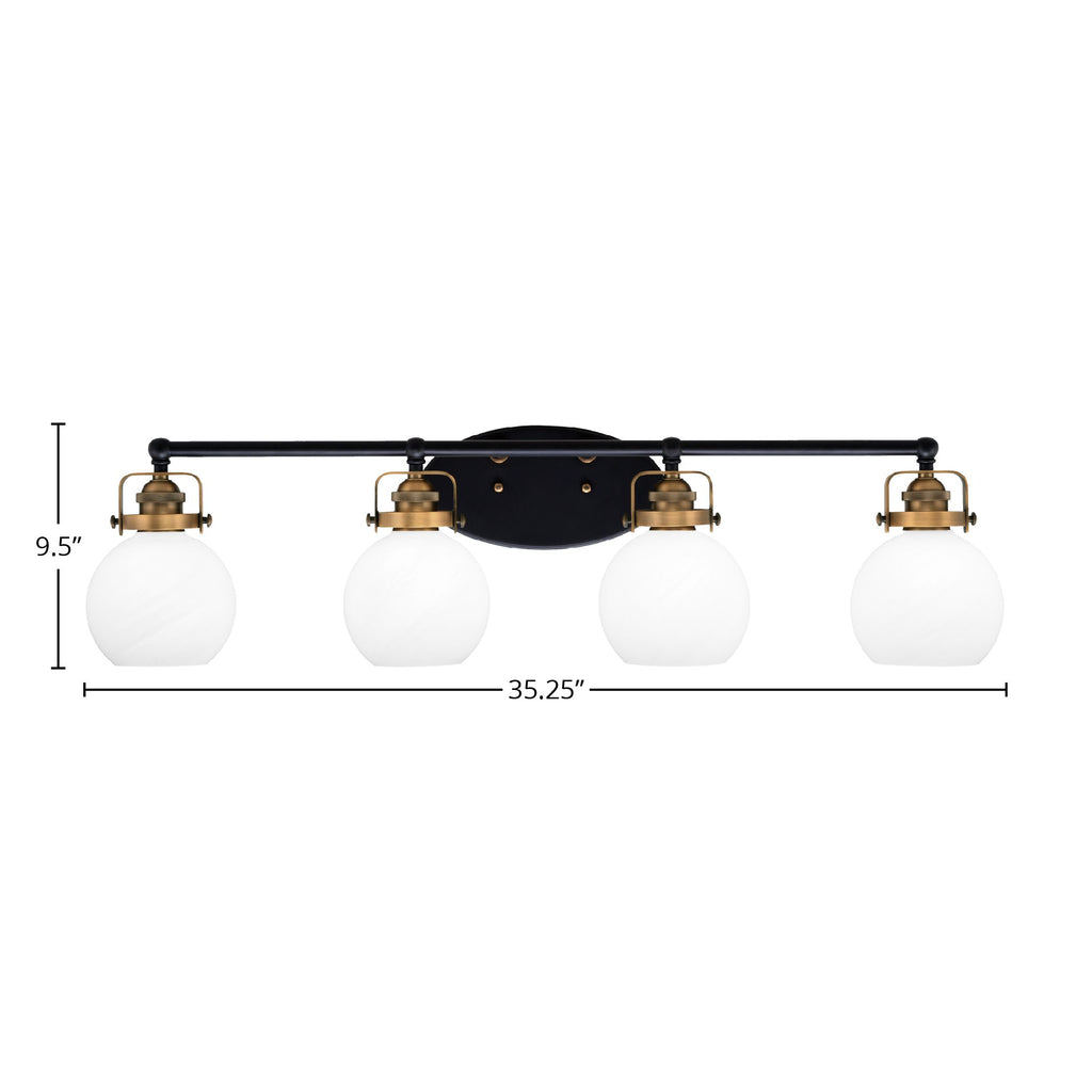Easton Four Light Bath Bar in Matte Black & Brass with 5.75" White Marble Shade