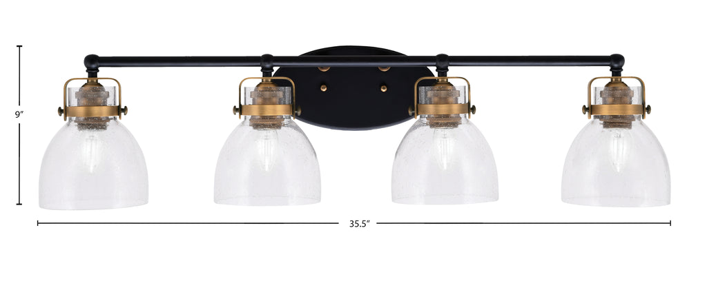 Easton Four Light Bath Bar in Matte Black & Brass with 6" Clear Bubble Shade