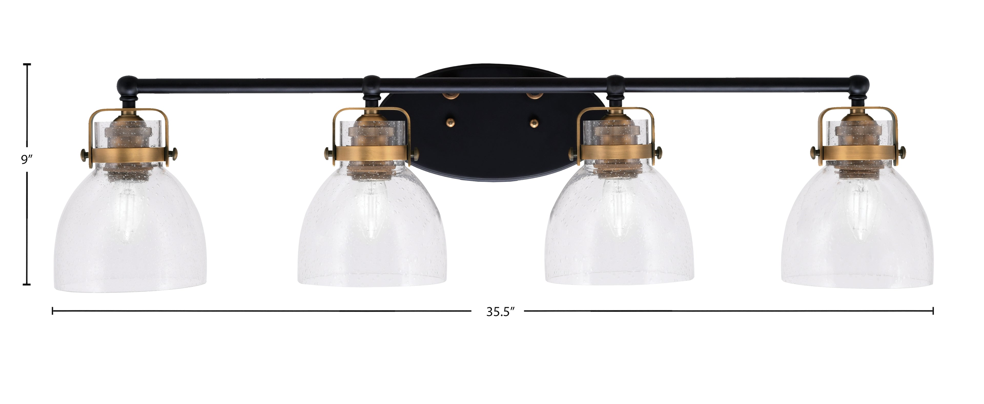 Easton Four Light Bath Bar in Matte Black & Brass with 6" Clear Bubble Shade