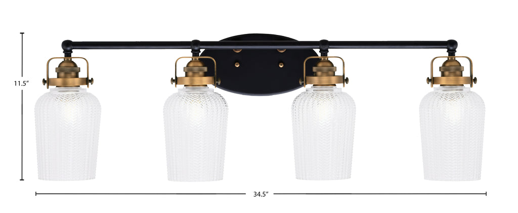Easton Four Light Bath Bar in Matte Black & Brass with 5" Clear Textured Shade