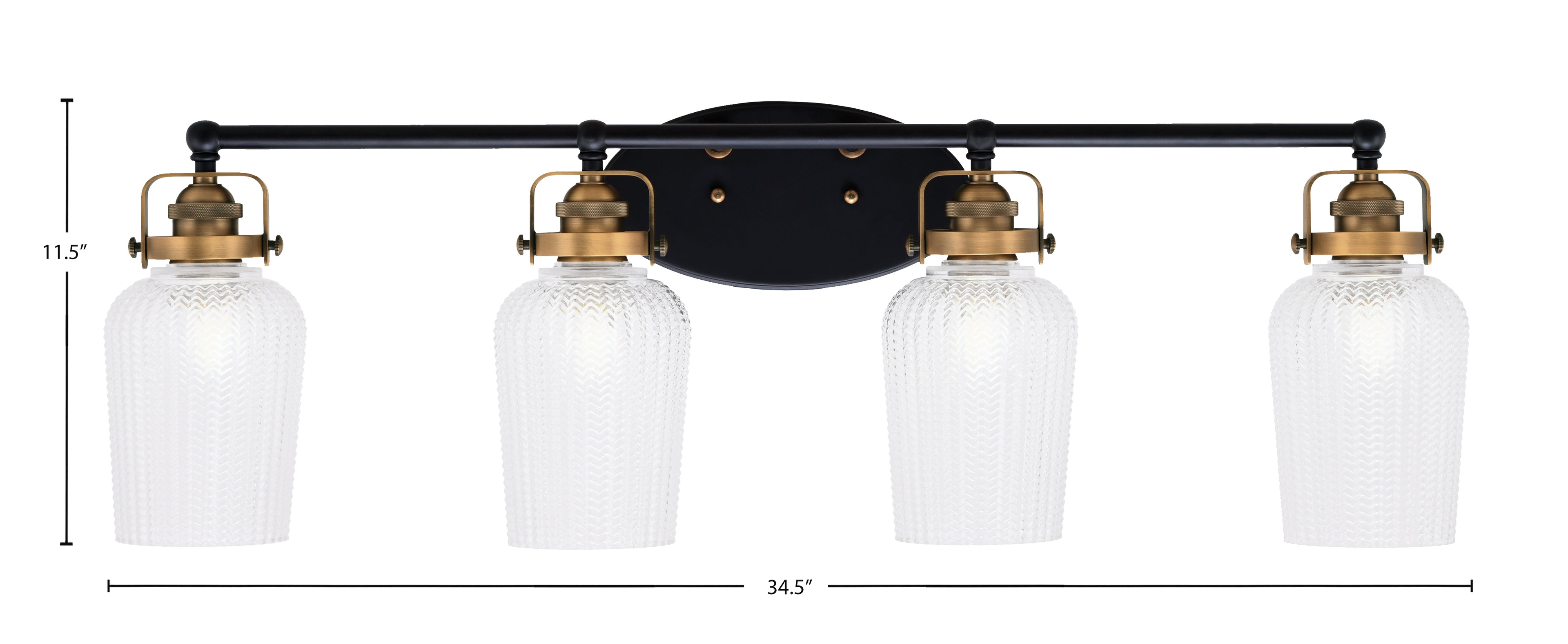 Easton Four Light Bath Bar in Matte Black & Brass with 5" Clear Textured Shade